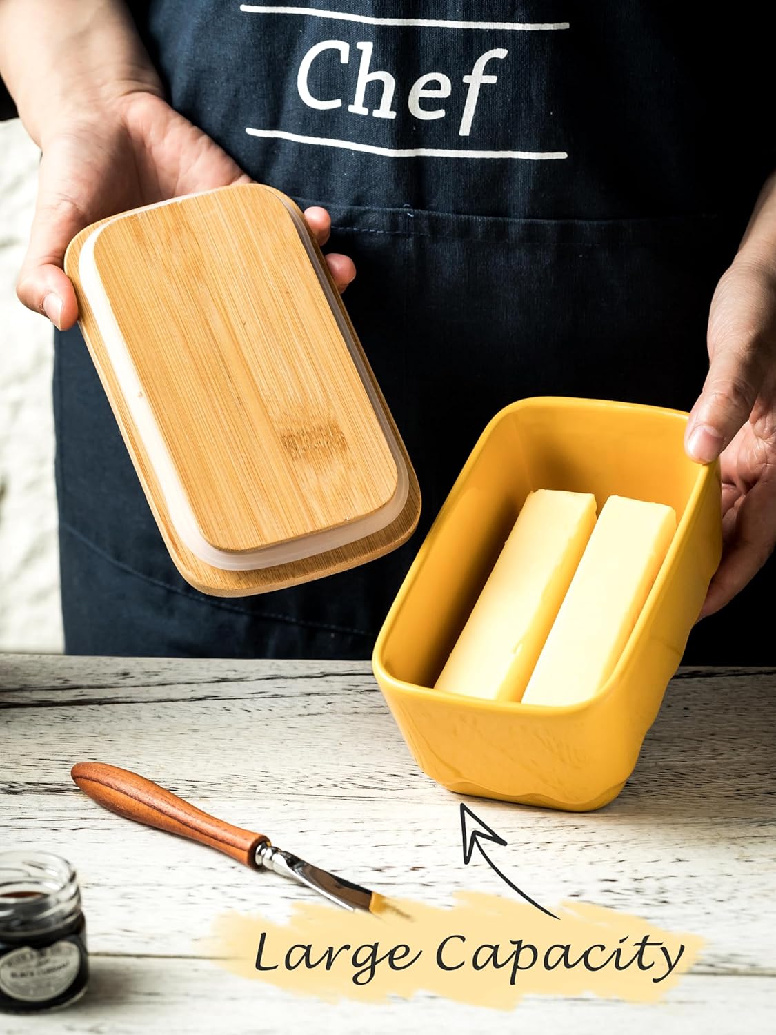 Covered Butter Dish with Lid, Large Butter Dishes for Countertop, Yellow Butter Holder with Airtight Seal Butter Container for East West Coast Butter, HoneyBee Table Decor