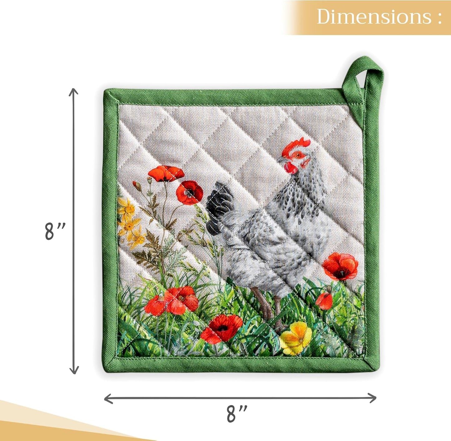 Maison d' Hermine Pot Holders Set 100% Cotton Heat Resistant Potholders 8" x 8" Hot Pads with Loop BBQ, Cooking, Baking, Grilling, Kitchen, Handling Hot Pans Spring/Summer (Pack of 2, Basse Cour)