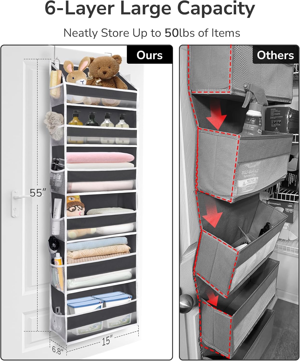 ULG Over The Door Organizer with 6 Large Pockets 12 Side Pockets, 50lbs Weight Capacity Door Hanging Organizer for Bedroom, Bathroom, Pantry, Nursery Storage, Dark Gray