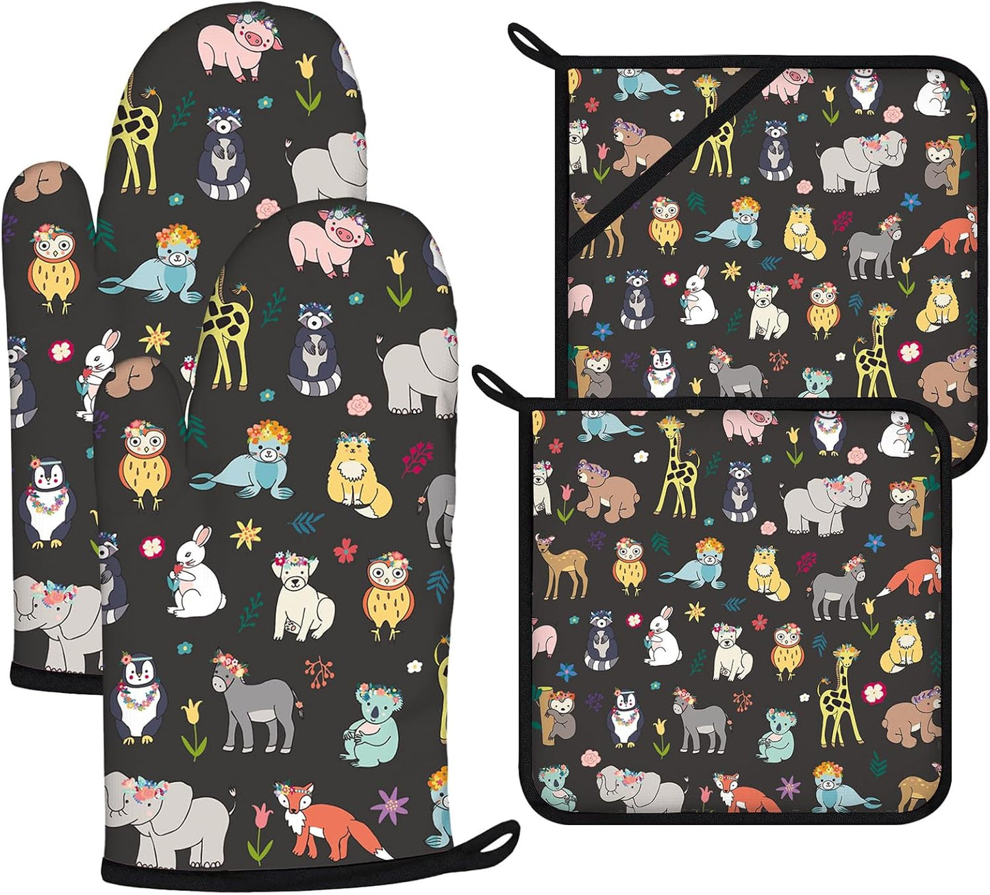 Cute Animals Oven Mitts and Pot Holders Sets 4Pcs,Extra Long Oven Gloves Potholder for Kitchen Cooking Baking BBQ 100% Cotton Heat Resistant