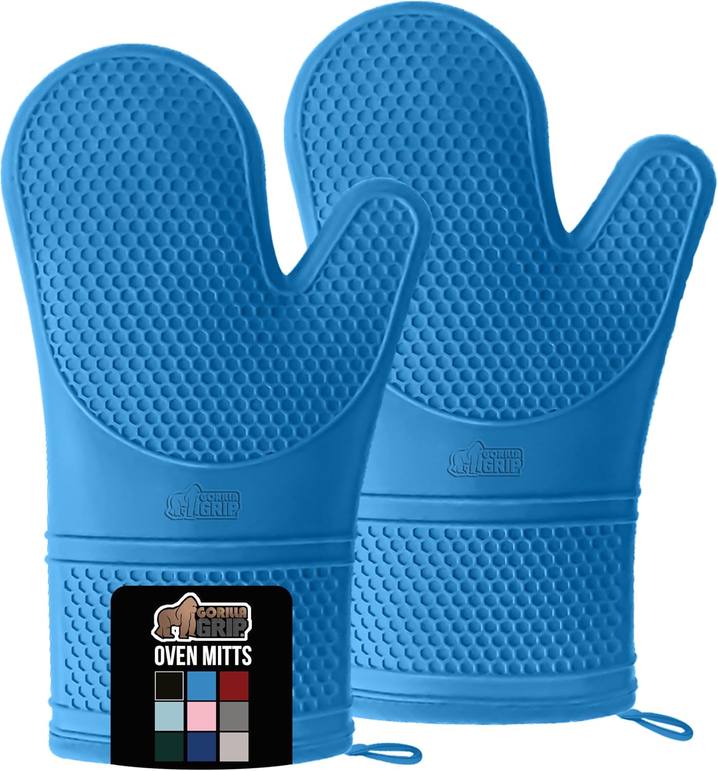 GORILLA GRIP BPA-Free Soft Silicone Oven Mitts, Heat Resistant and Waterproof Cooking Gloves, Thick Cotton Lining, Flexible Gripping for Baking Grilling, Kitchen Potholders Set of 2, 12.5x8.3, Aqua