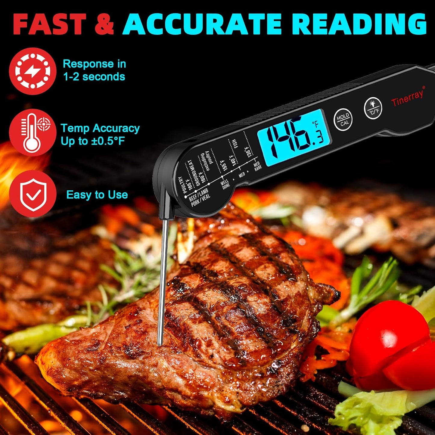 Digital Meat Thermometer for Cooking, Grilling & BBQ - Ultra-Fast Instant Read Thermometer with Waterproof Design,Backlight & Calibration - Perfect for Candy Making, Deep Frying, Turkey, Beef (Black)