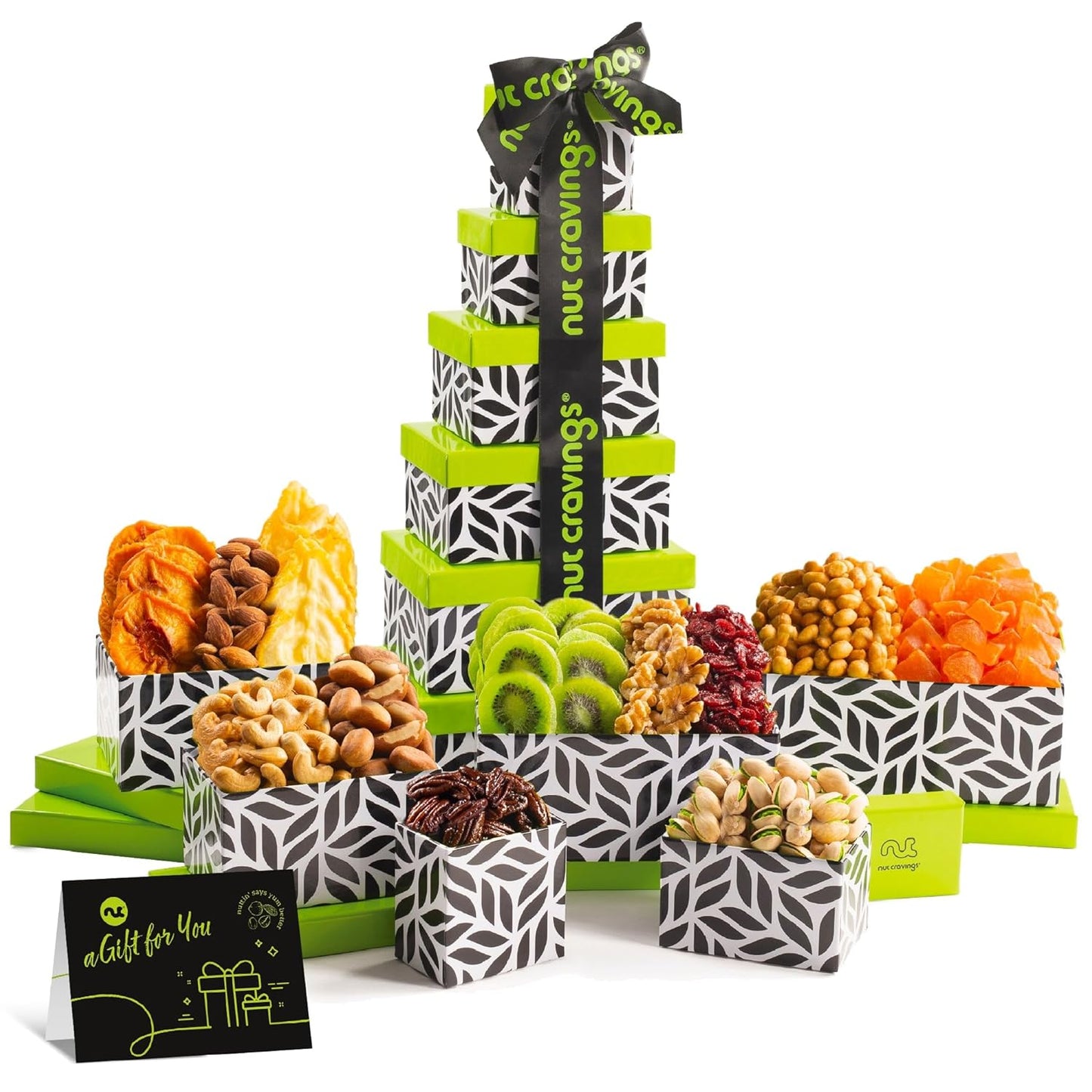 NUT CRAVINGS - Dried Fruit & Mixed Nuts Gift Basket Leaf Tower + Ribbon (12 Assortments) Food Arrangement, Healthy Snack Care Package, Food Assortments
