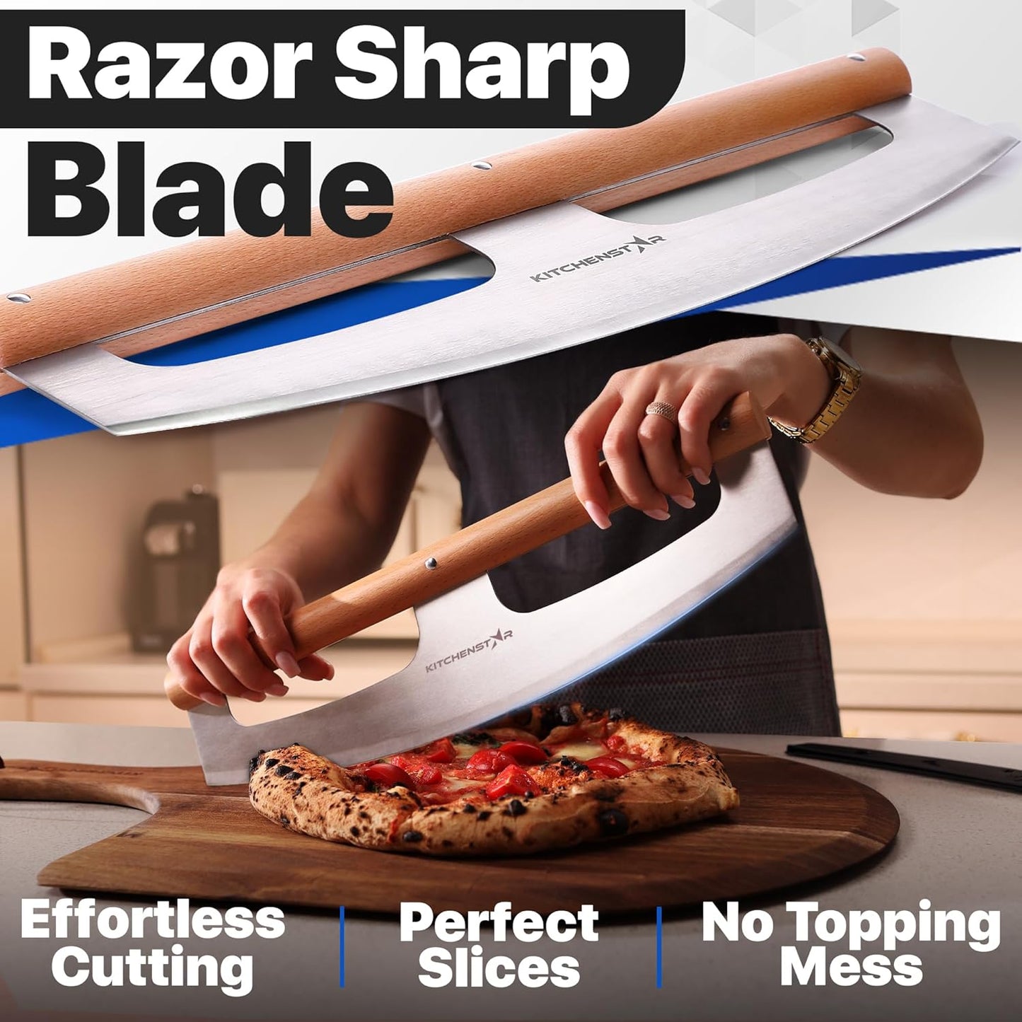 KitchenStar 14-Inch Pizza Cutter Rocker Blade - Razor Sharp Stainless Steel Slicer Knife, Stylish Beech Wood Handle, Protective Cover - Professional Pizza Oven Accessories, Silver