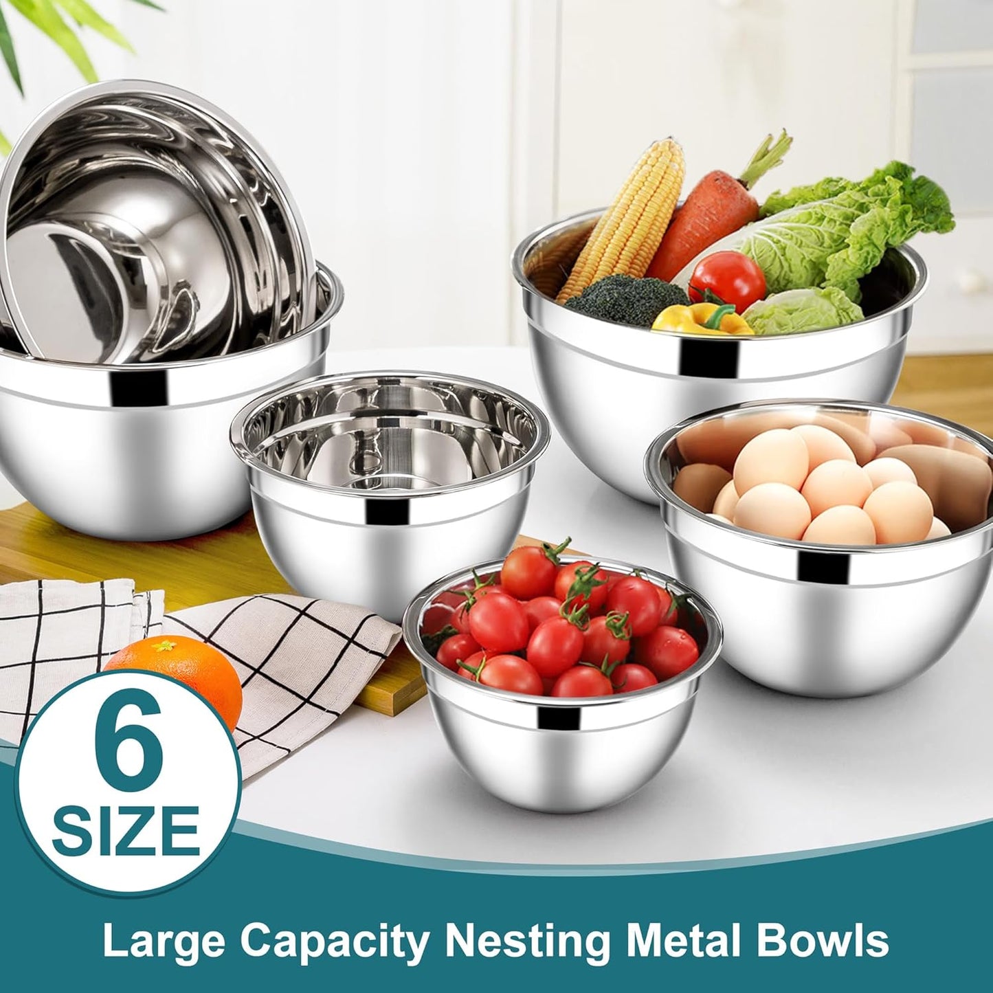 E-far Mixing Bowls with Lids, 12-Piece Stainless Steel Salad Bowls Metal Nesting Bowls for Baking Cooking and Prepping, Airtight Lids & Stackable Design, Size 7, 4.5, 3, 1.5, 1.2, 0.7 QT (Blue)