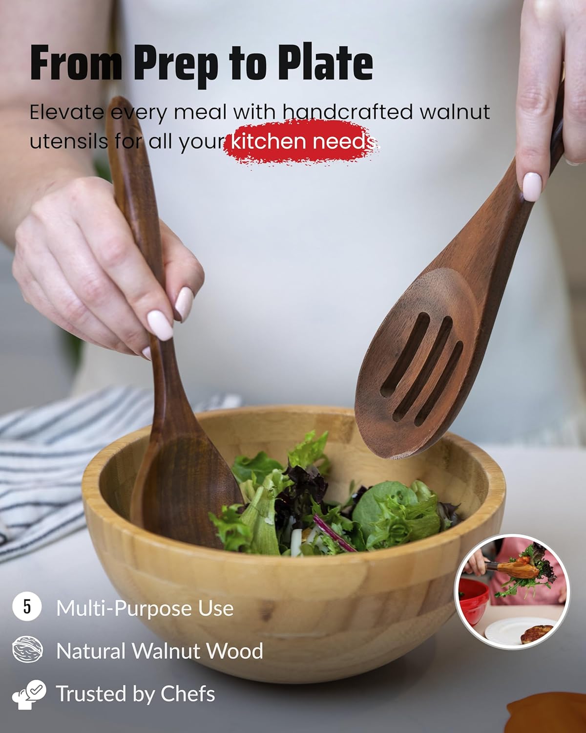 Elegant 5-Piece Walnut Wood Kitchen Utensil Set – Non-Scratch, Heat-Resistant Cooking Utensil Set with Kitchen Tongs, Spoons, Spatula & Ladle – Lightweight, Durable & Perfect for Daily Use or Gifting