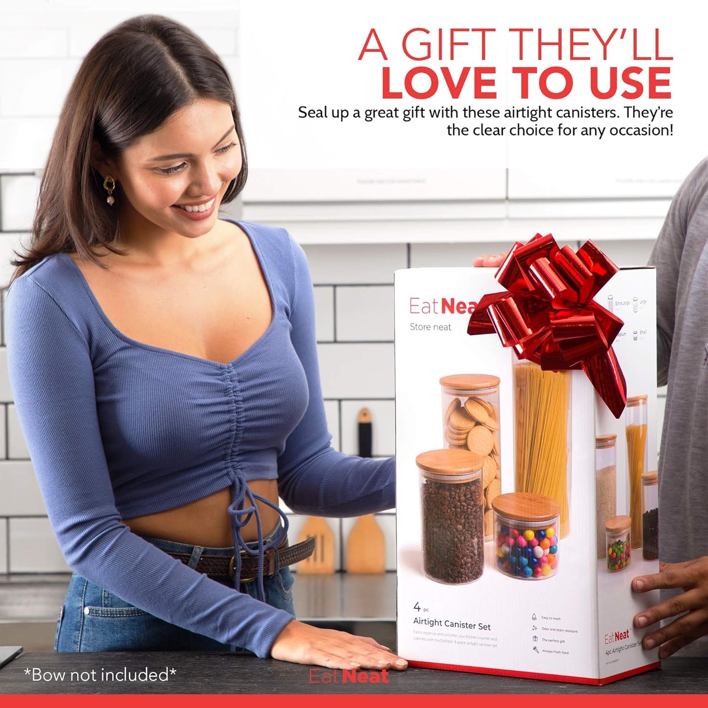 EatNeat 4‑Piece Glass Canister Set with Airtight Bamboo Lids – Giftable Kitchen Storage – Tall Jar Fits Spaghetti – 74/56/36/20 oz for Pantry, Dry Goods, Coffee, Snacks & More