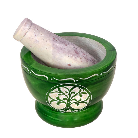 Mortar and Pestle, Made of Heavy Duty Polished Hard Stone, Natural Stone Grinder for Spices, Pastes, Herbs, Seasoning etc. (Green Tree of Life)