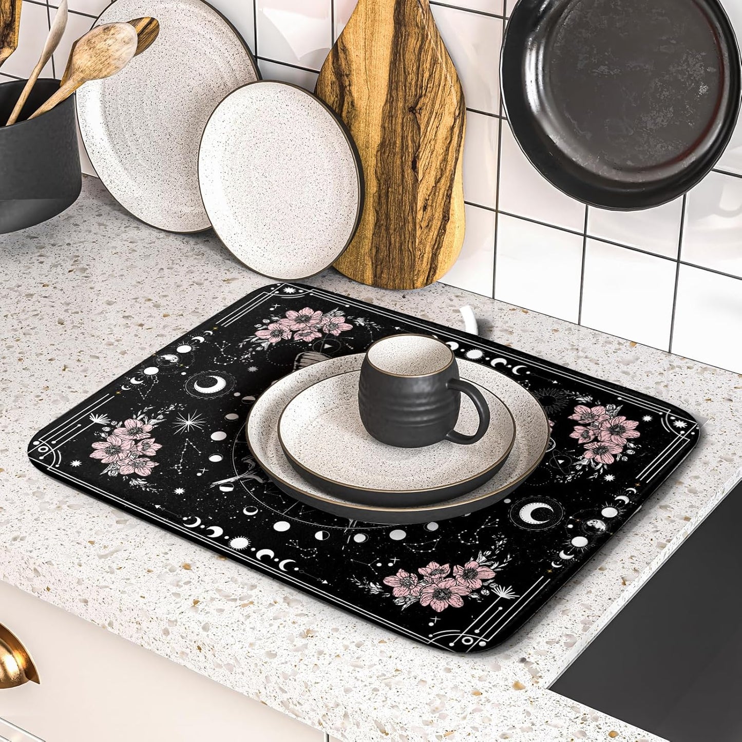 Skeleton Butterfly Dish Drying Mat Black Skull Absorbent Dish Drainer for Kitchen Counter Holiday Decor