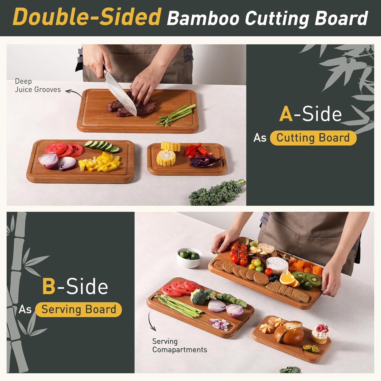 3 Packs Bamboo Cutting Board Set Non Toxic Wood Cutting Boards for Kitchen Nice Solid Thick Wood Juice Groove Chopping Board Extra Large Big Small Best Charcuterie Board for Organic Vegetable Meat