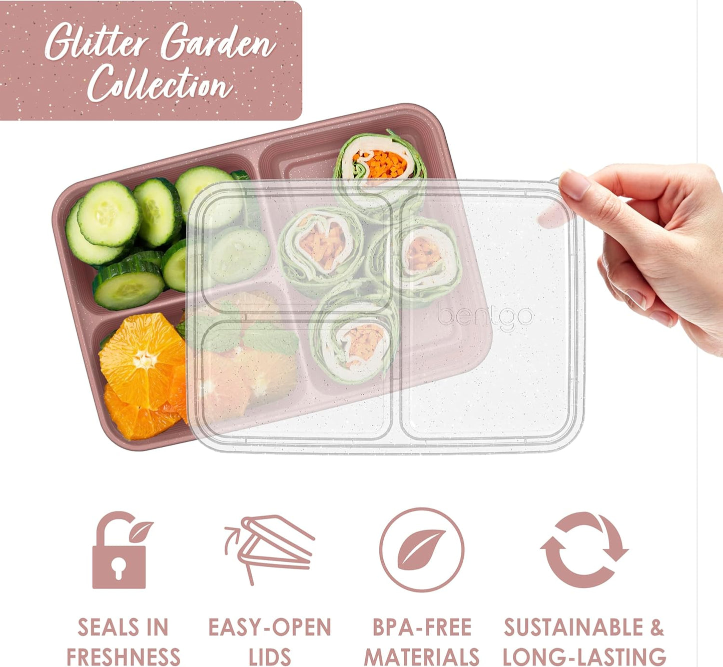 Bentgo 20-Piece Lightweight, Durable, Reusable BPA-Free 3-Compartment Containers - Microwave, Freezer, Dishwasher Safe (Garden Edition - Rosette Glitter)