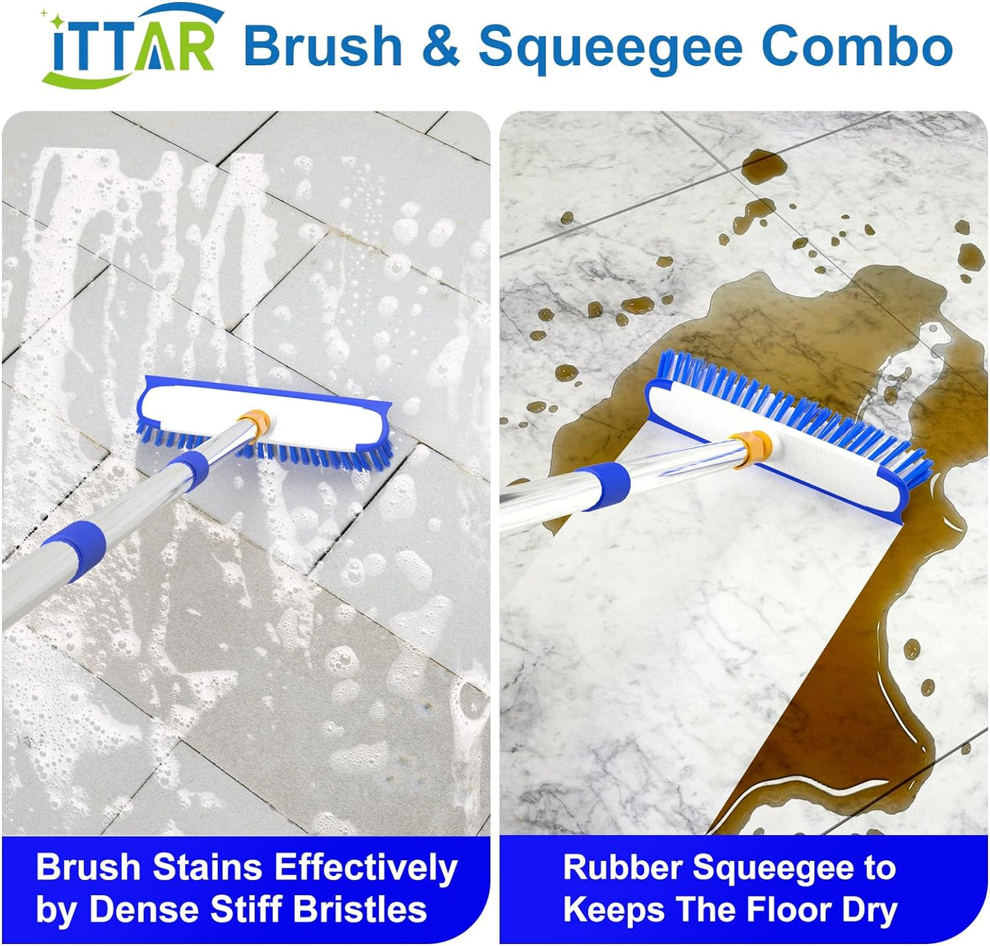 ITTAR 12" Wide Floor Scrub Brush with Long Handle, 2-in-1 Deck Cleaning Brush with 55" Extendable Pole, Heavy-Duty Tub Tile Scrubber Cleaner Brush for Shower Floor, Kitchen, Patio, Garage, Restaurant