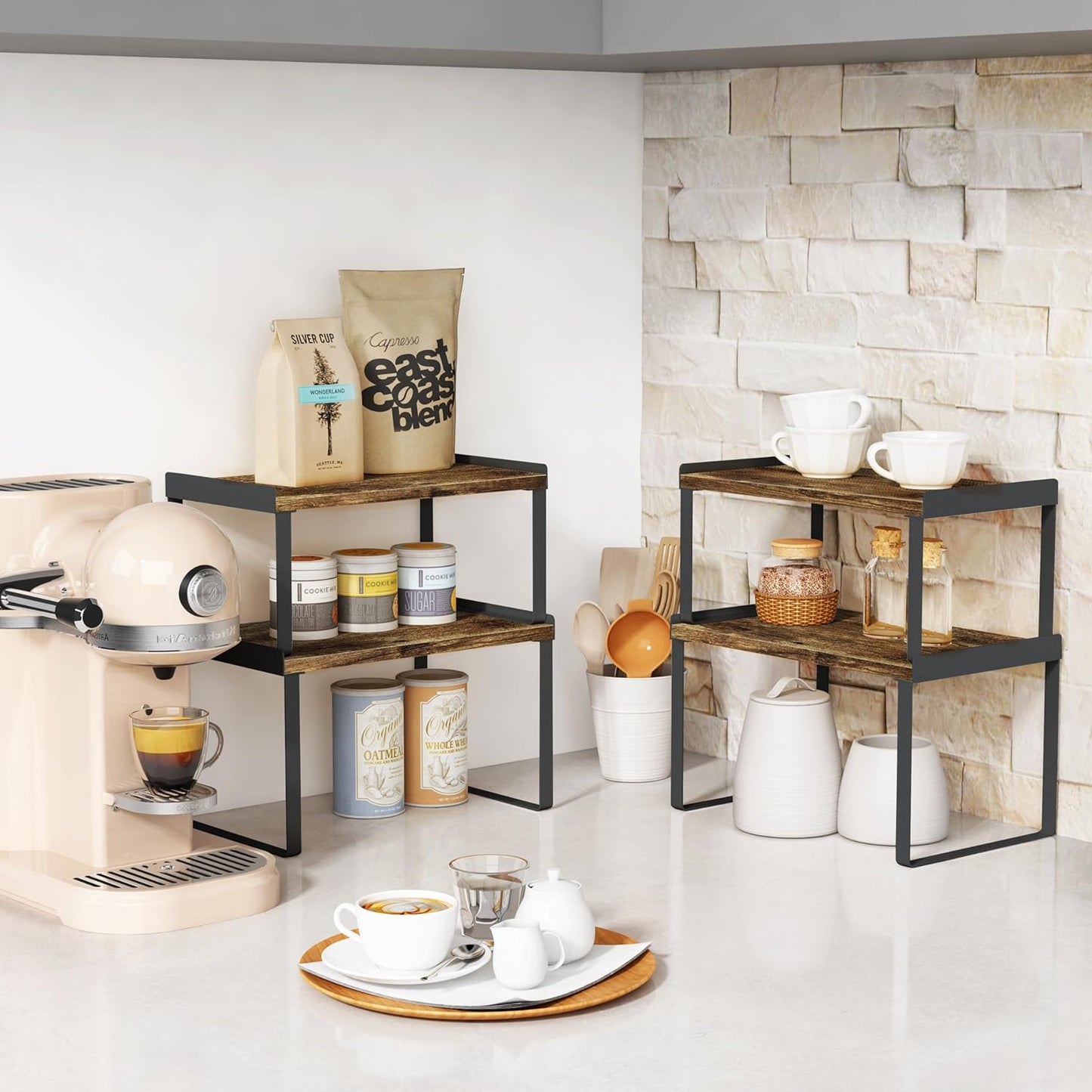 Kitchen Cabinet Organizers and Storage Shelves, Rustic Farmhouse Desk Shelf Riser for Cabinets, Black Expandable Corner Glasses Medicine Cabinet Organizer under Bathroom Sink - Set of 4