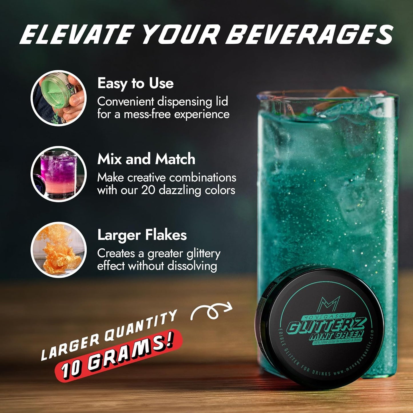 MONÉGASQUE Mint Green Edible Glitter for Drinks 10g – Edible Glitter for Cakes & Cocktails – Green Food Coloring Spray for Cake Decorations – Halloween Cocktail Drink Shimmer Powder – Cake Sprinkles