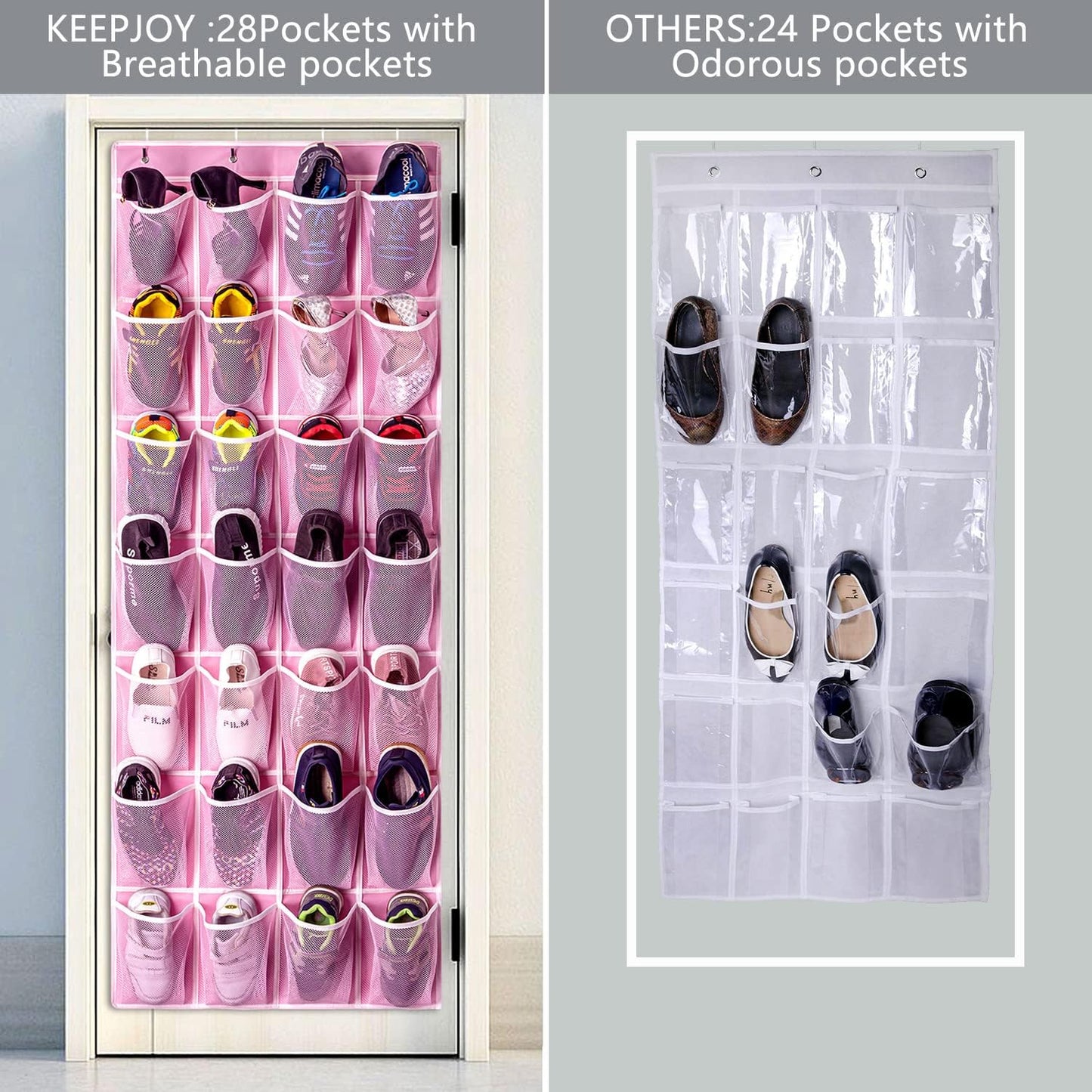 KEEPJOY 28 Pocket Over The Door Shoe Organizer, 2Pack Hanging Shoe Organizer for Door, Hanging Door Shoe Holder Rack with Mesh Pockets Large Size 65 x 23 inch (Pink-2Pack)