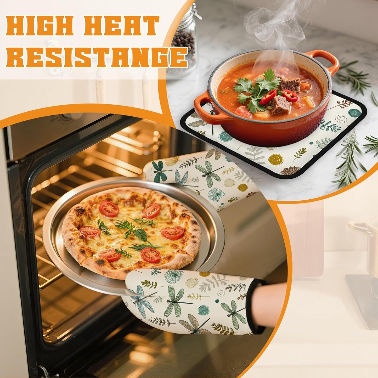 Vintage Dragonfly Oven Mitts and Pot Holders,Boho Heat Resistant Oven Mitts Gloves and Pot Holder for Home Kitchen Decorations Cooking Baking BBQ Gifts,Set of 4