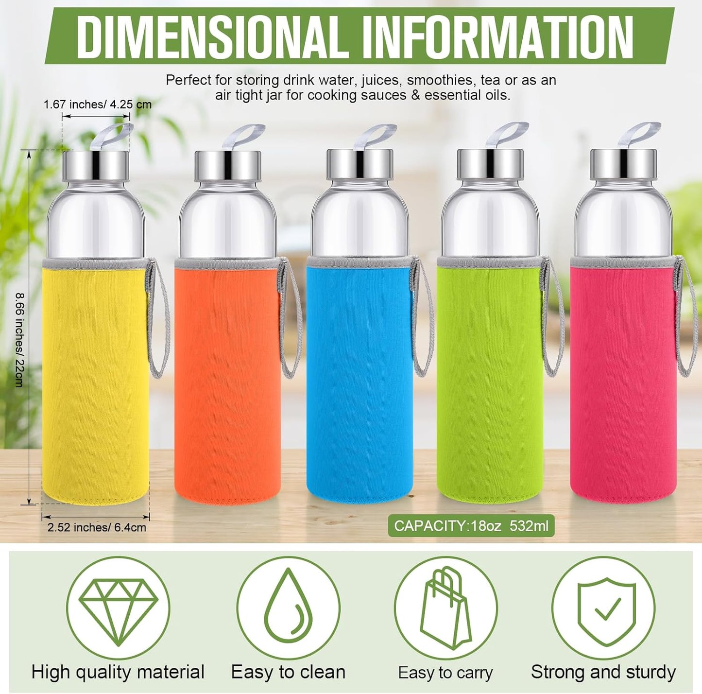 Vesici 12 Set 18 oz Clear Glass Water Bottles, Reusable Glass Juicing Bottles with Protection Sleeve and Stainless Steel Leak Proof Lids for Milk Smoothie Juice Beverage Tea (Colorful,Stylish)