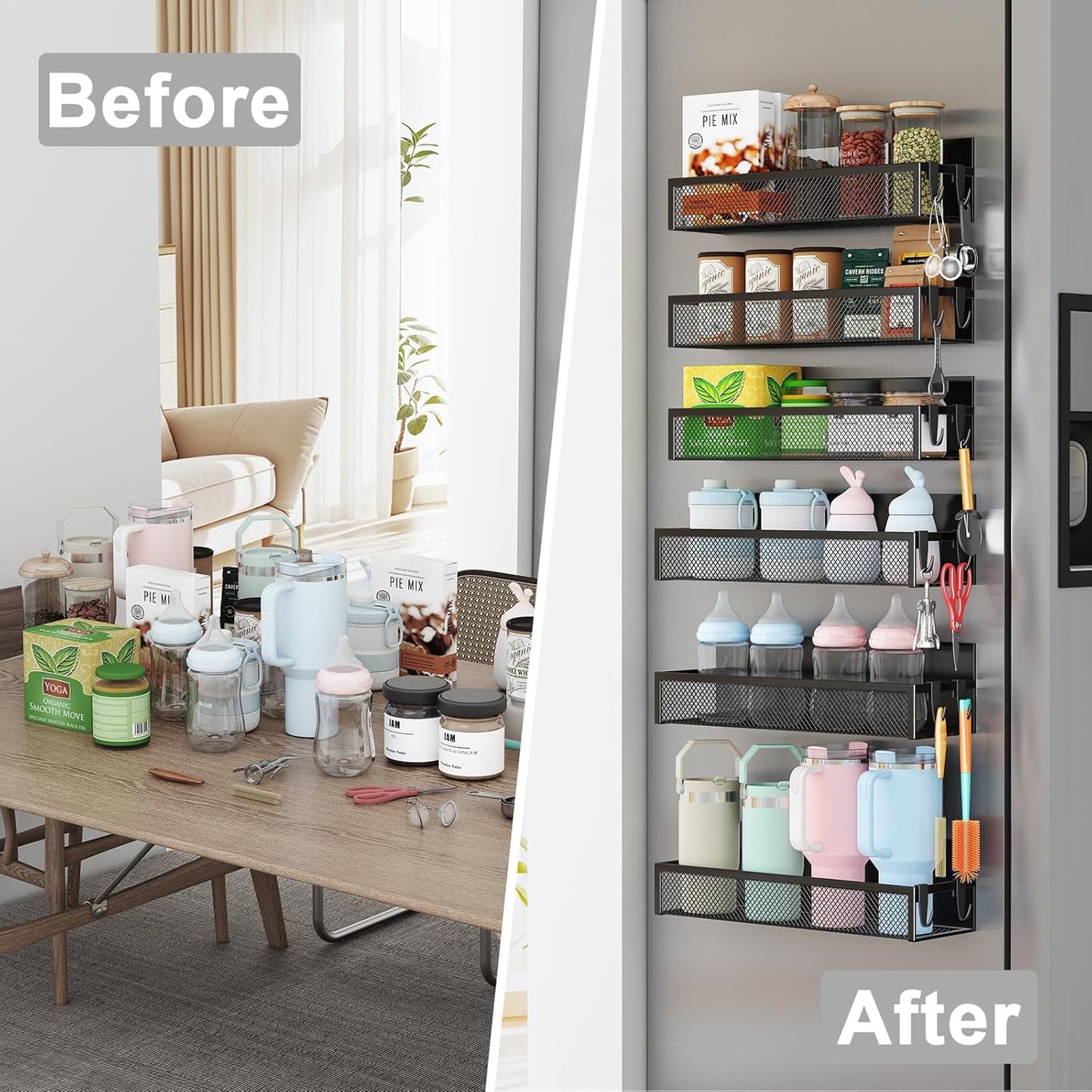 Magnetic Spice Rack for Refrigerator, 6 Pack Magnetic Shelf, Fridge Magnet Organizer with Moveable 12 Hooks, Magnetic Fridge Shelf for Kitchen Organization and Storage (6 Pack)