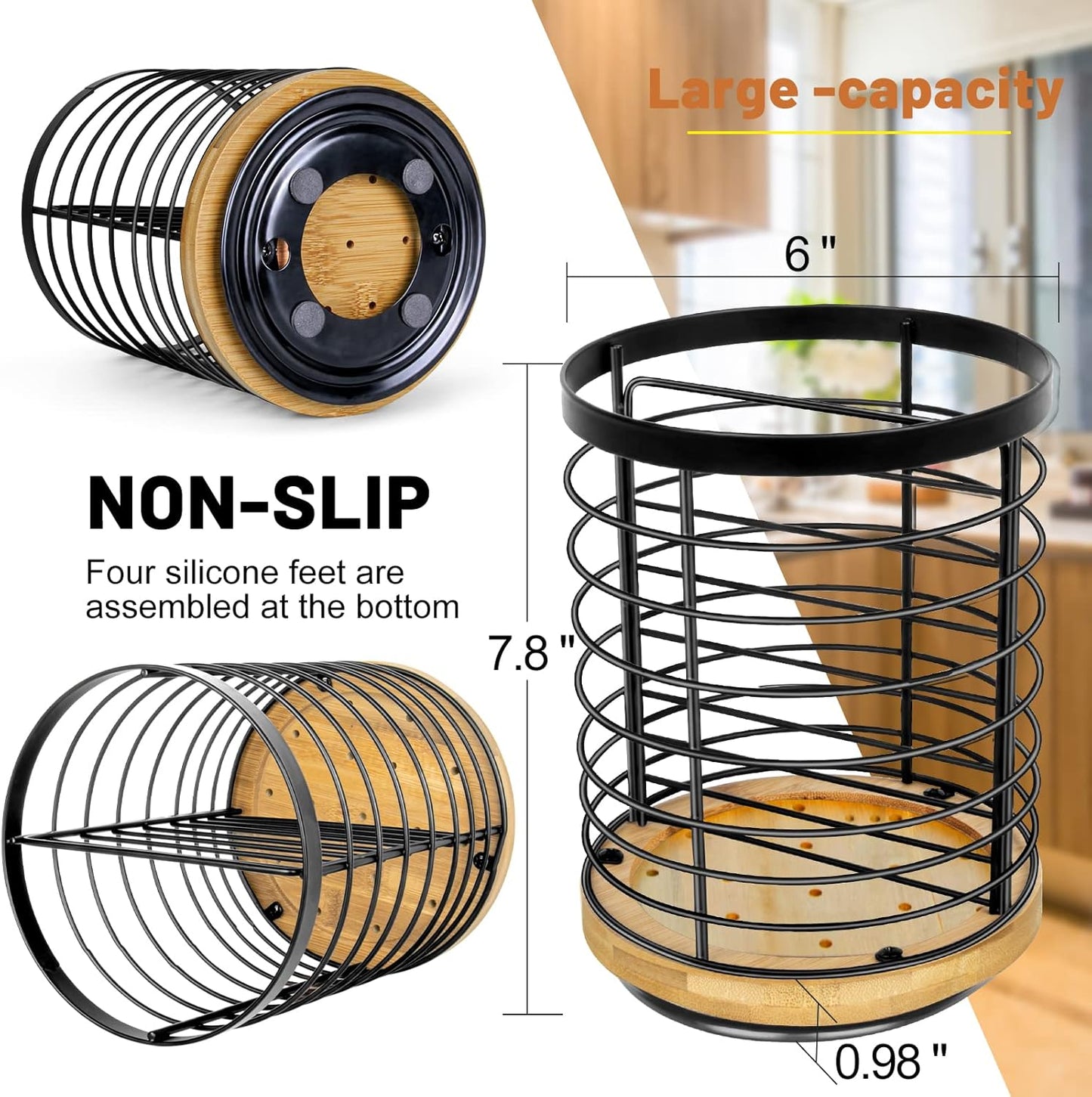 Utensil Holder for Kitchen Counter - 7.2" Large Rotating Utensil Crock, Wooden + Metal Base, Countertop Cooking Tool Spatula Organizer