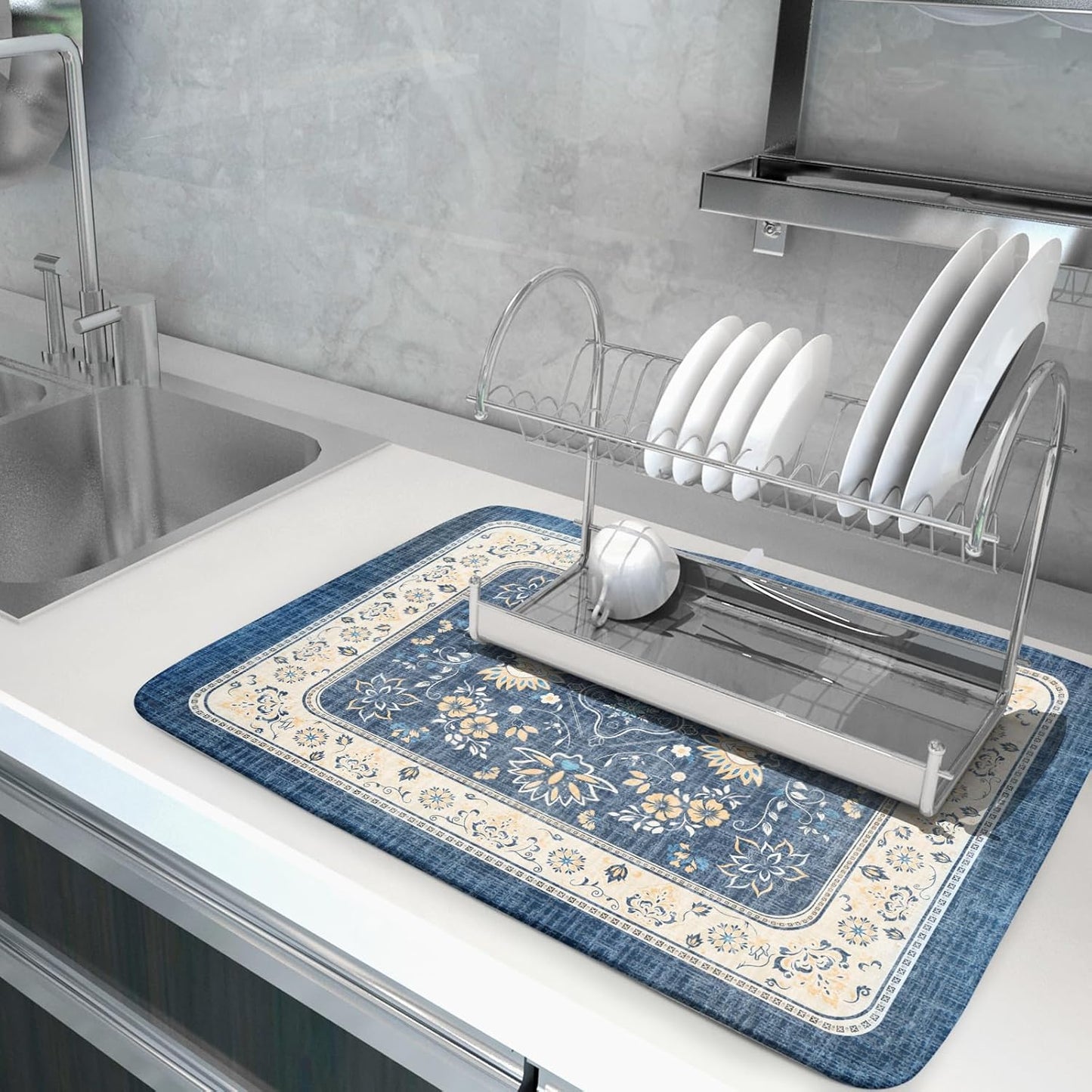 Blue Boho Dish Drying Mat for Kitchen Counter 18x24 Inch Fast Dry Drying Pad Vintage Floral Dish Drainer Rack Mats Coffee Bar Accessories