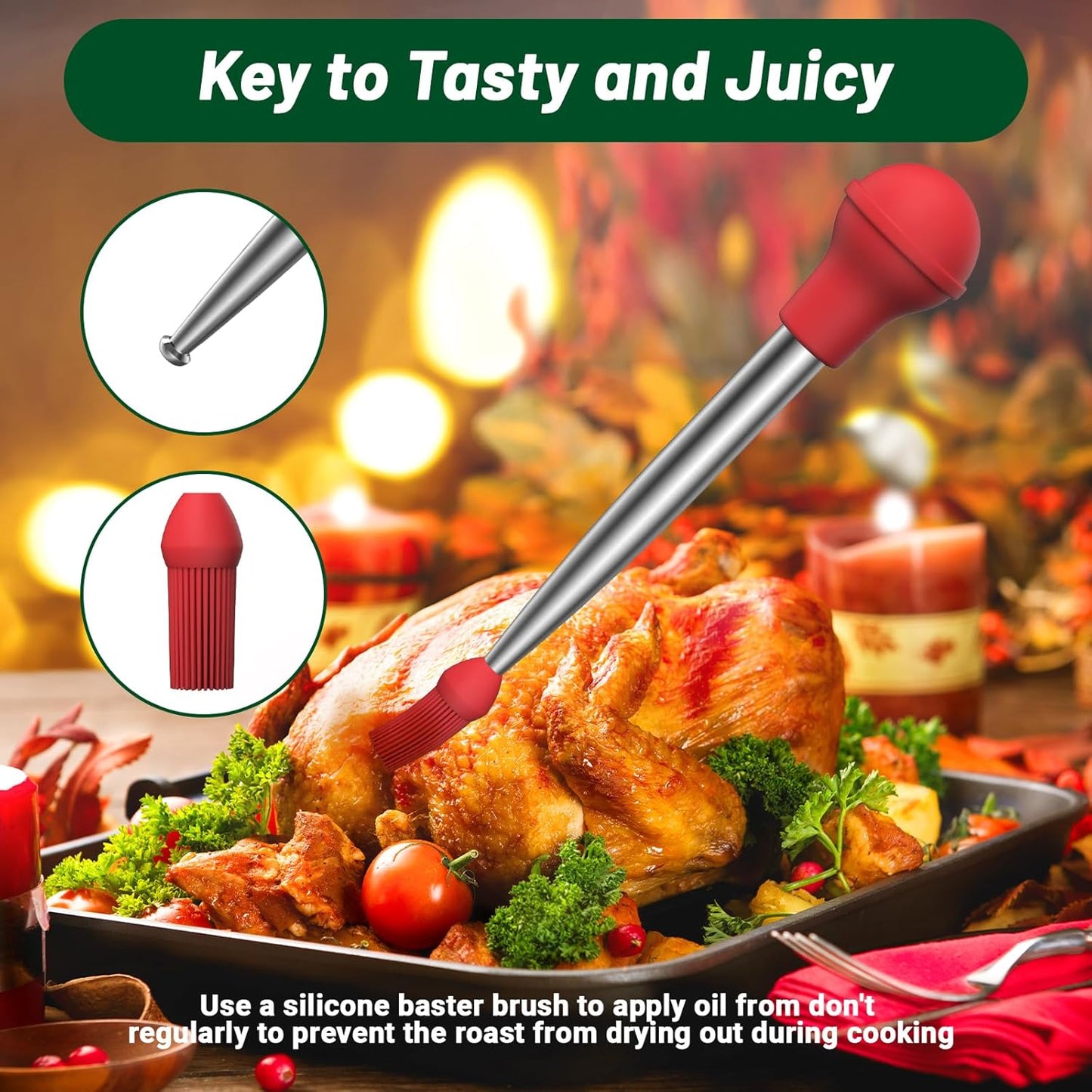 Vondior Turkey Baster for Cooking, Food Grade Stainless Steel Turkey Baster Syringe with Barbecue Basting Brush and 2 Marinade Injector Needles and Cleaning Brush, Red