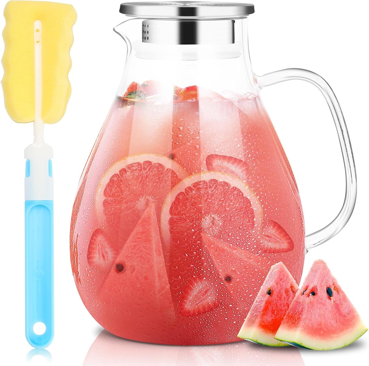 SUSTEAS 2.2 Liter 75oz Glass Pitcher, Water Pitcher with Lid And Wide Handle, Easy Clean Juice Jug for Fridge, Beverage Carafe for Cold/Hot Water, Iced Tea, 1 Long-Handled Brush Included