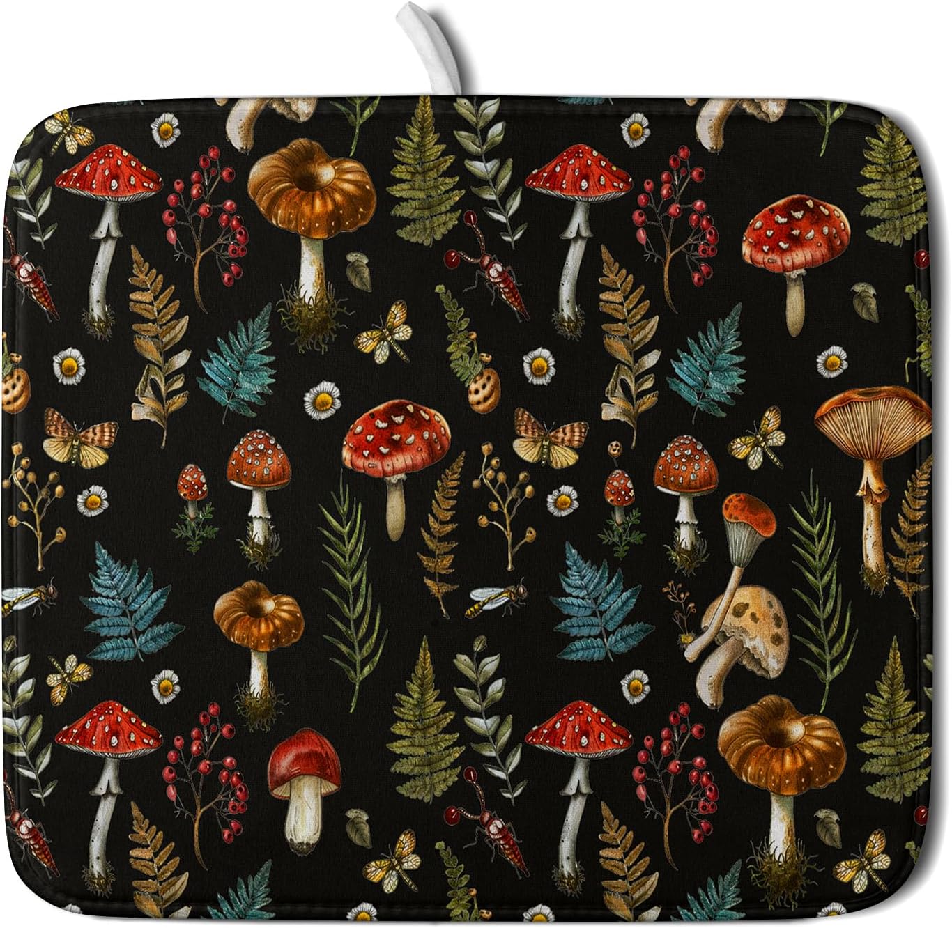 Mushroom Forest Dish Drying Mat Fern Leaves Black Drainer Mat for Kitchen Countertop 16 X 18 Inch