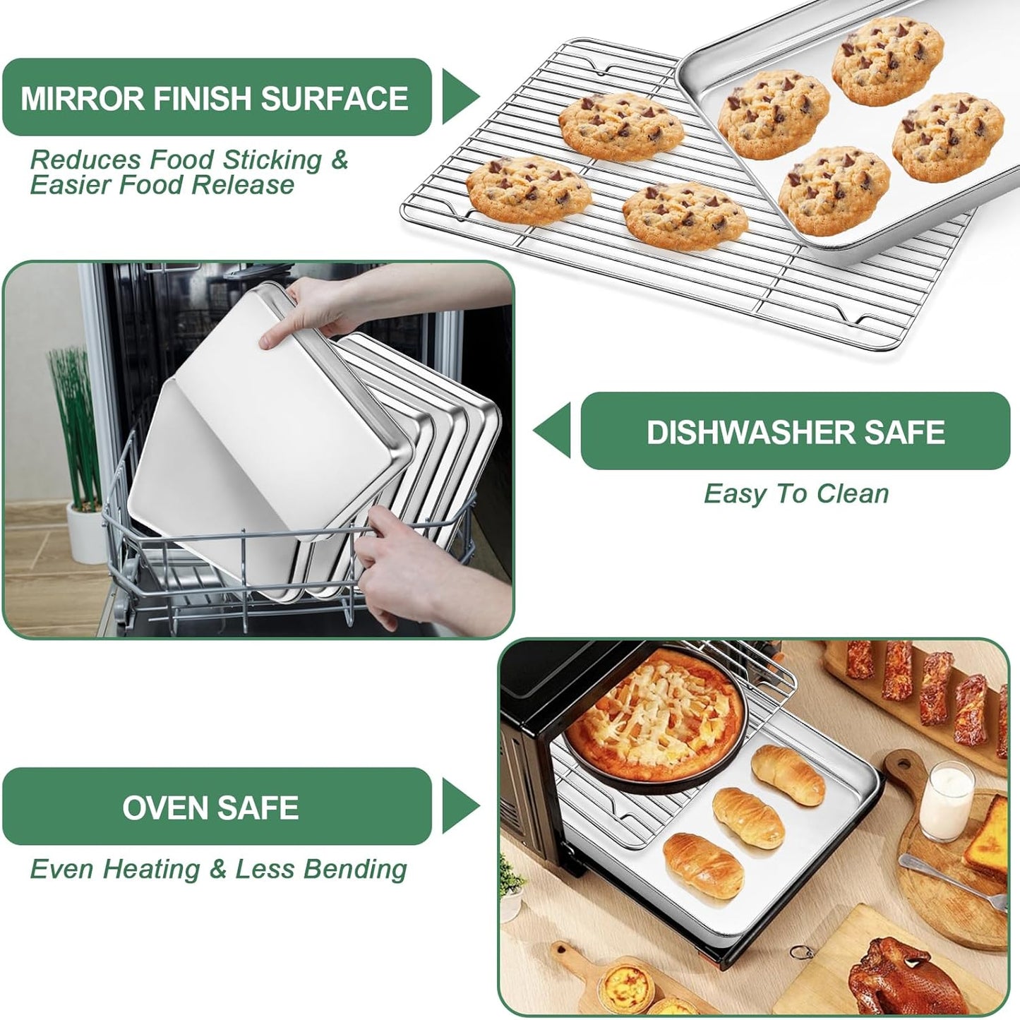 Stainless Steel Baking Sheets with Rack, HKJ Chef Cookie Sheets and Nonstick Cooling Rack & Baking Pans for Oven & Toaster Oven Tray Pans, Rectangle Size 12.5L x 10W x 1H inch & Non Toxic & Healthy