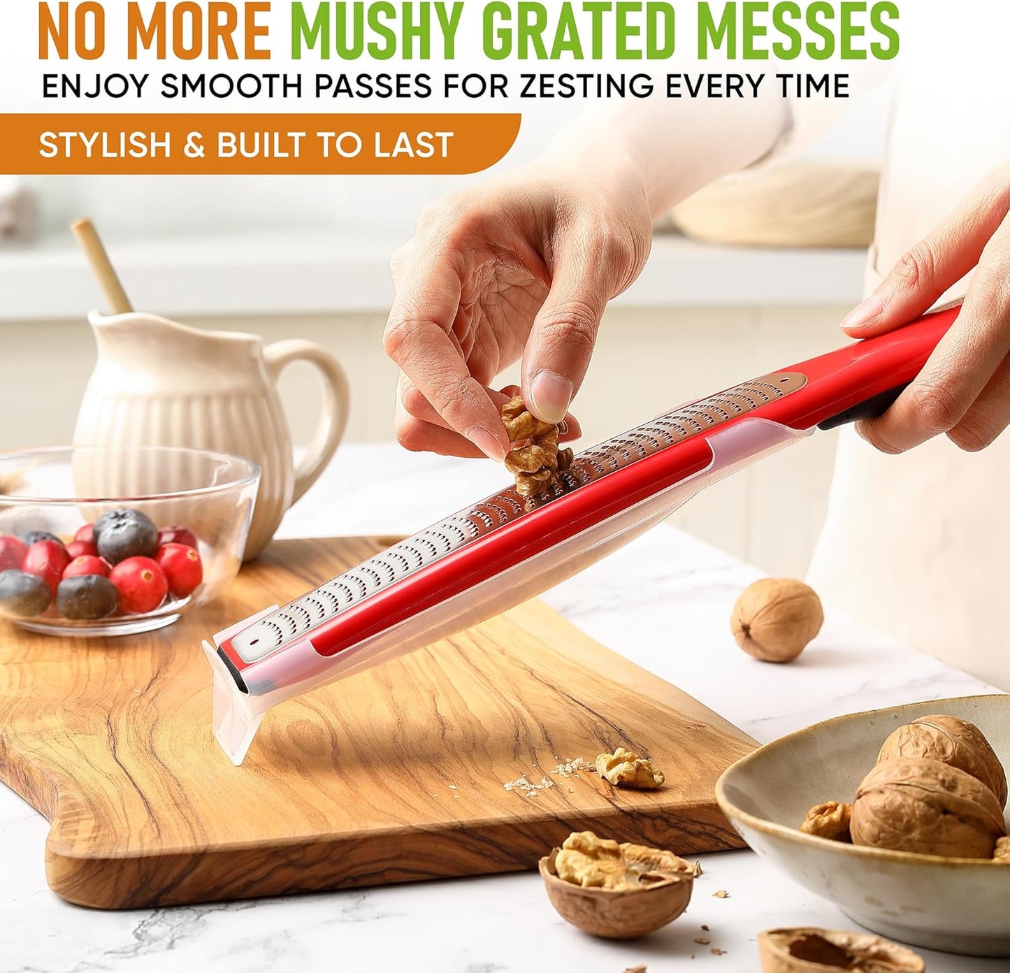 Spring Chef Premium Red Lemon Zester Grater with Handle - Fruit, Garlic, Citrus, Nutmeg, Orange Zester Tool - Heavy Duty Kitchen Shredder - Stainless Steel Ginger Grater with Blade Cover - Fine Shred