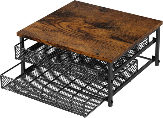 Coffee Pod Drawer K Cups Organizer 2-Tier Coffee Pod Storage Holder with Drawer Baskets 72 Capacity Coffee Capsule Storage Organizer Drawer, Industrial Brown and Black