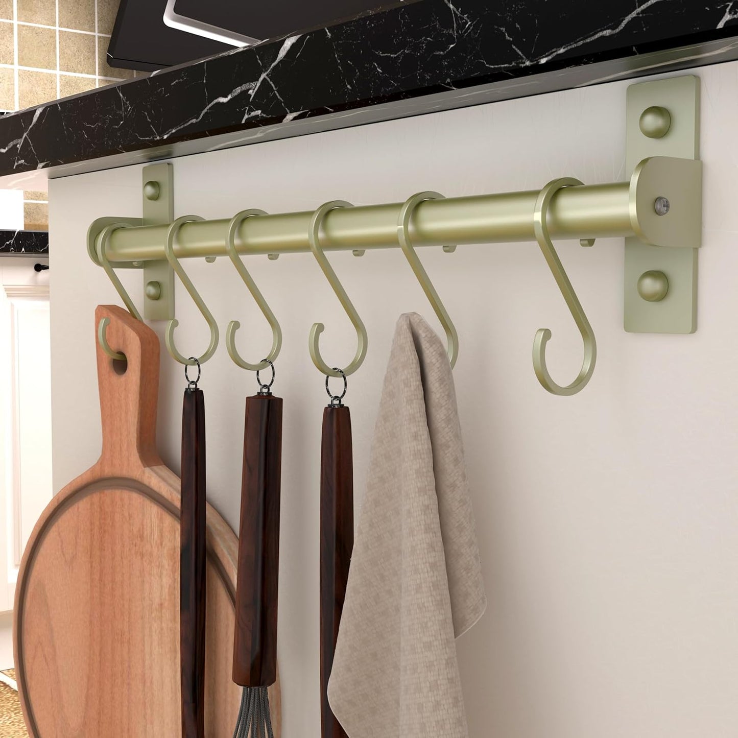 Dseap Kitchen Utensil Holder Hanger, Pot and Pan Rack Wall Mounted, Kitchen Rail with 8 Hooks for Hanging Cooking Utensils, Mugs, Spoons, Wall Mounted, Champagne Color, Pack of 2