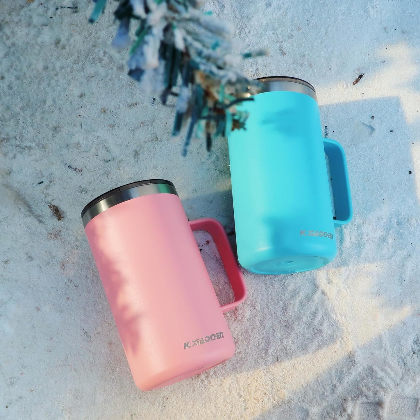 KXIAOCHEN 20oz Insulated Coffee Mug with Lid, Stainless Steel Coffee Cup, Double Wall Vacuum Coffee Tumbler with Handle, Premium Thermal Travel Coffee Mug (Blue Green Pink 2Pack)