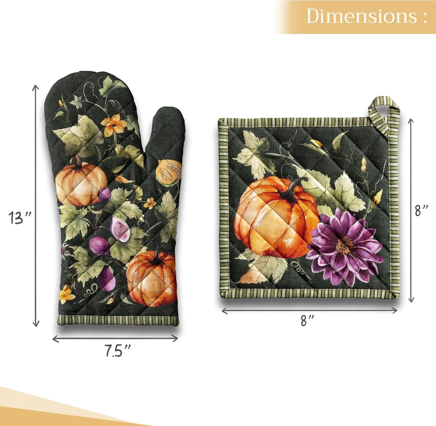 Maison d' Hermine 100% Cotton Oven Mitt & Pot Holder Set (7.5"x13" & 8"x8") Heat Resistant BBQ Cooking Gloves with Loop, Baking, Grilling, Kitchen, Handling Hot Pans (Pumpkin Garden - Dark Green)