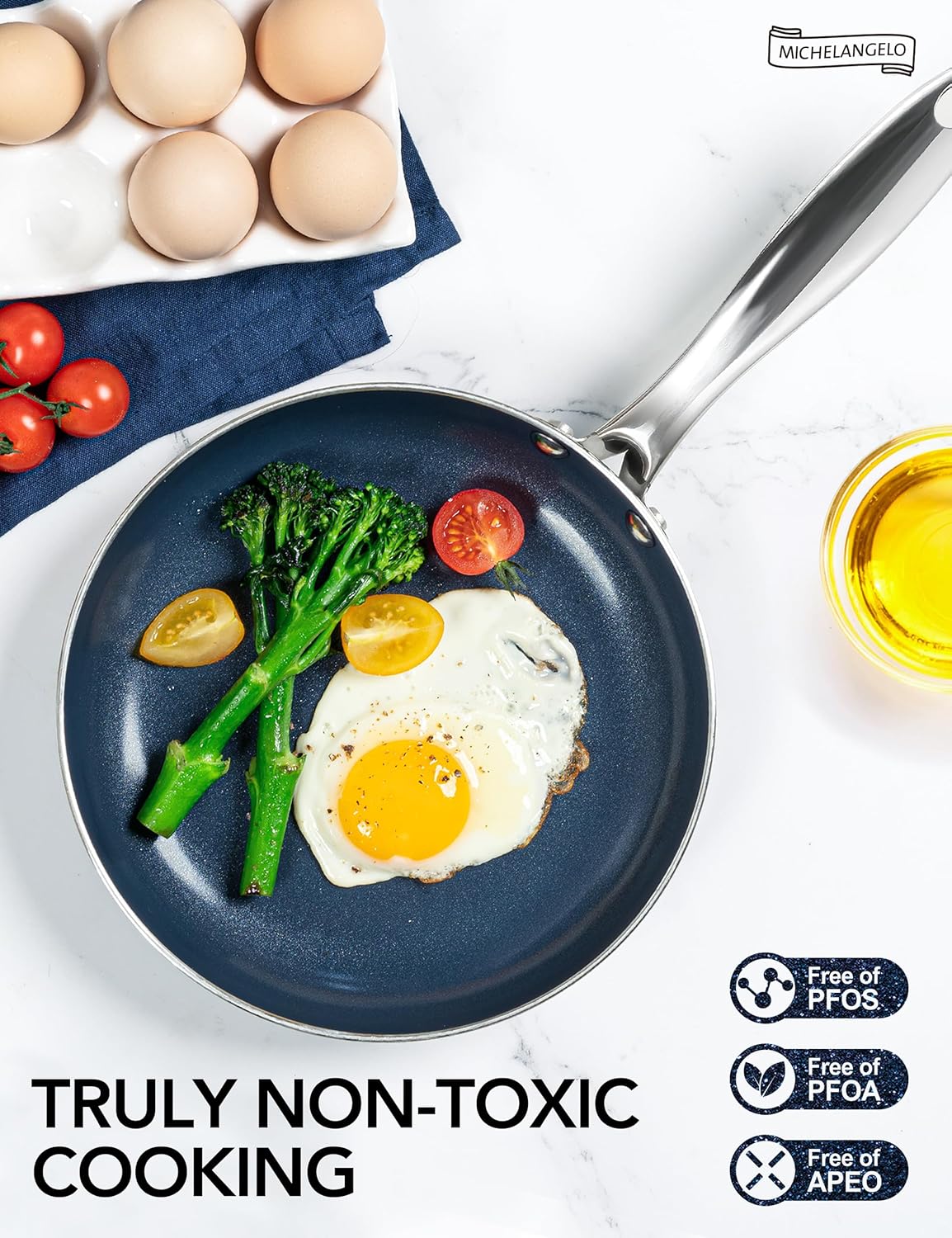 MICHELANGELO Small Frying Pan - 8 Inch Nonstick Frying Pan with Lid, Non-Toxic Omelette Pan with Stainless Handle, Nonstick Skillet, Blue-Ceramic