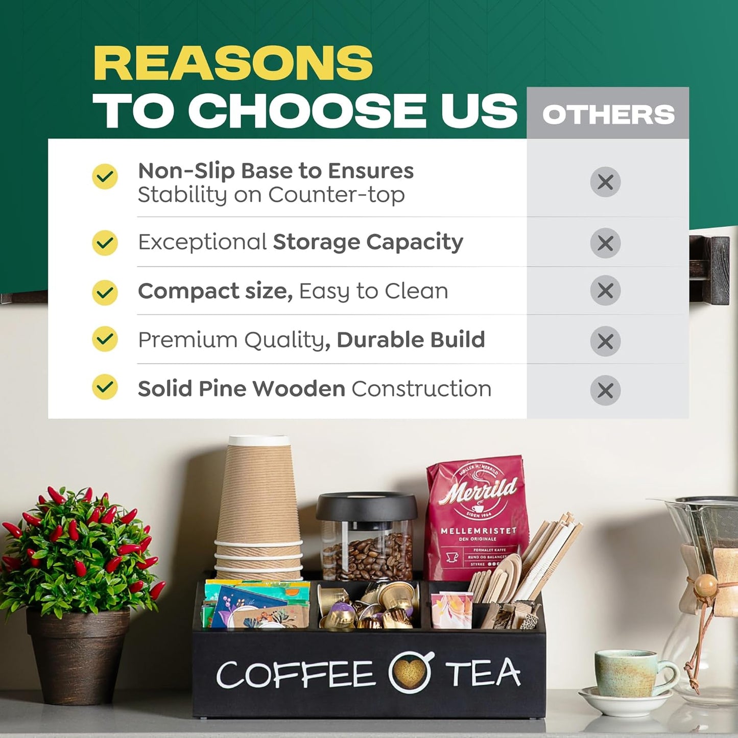 Vinvoli Coffee Station Organizer – Premium 2025 All-in-One Coffee Bar & Tea Organizer for Bar Accessories, Tea Storage, and Decor