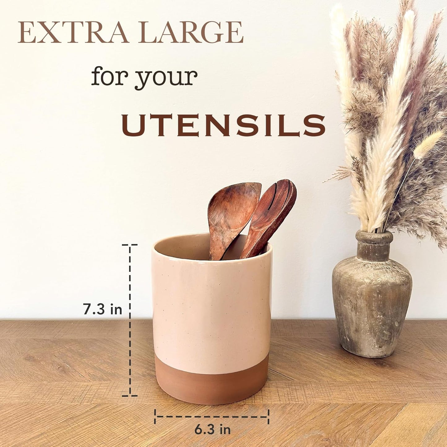 Mora Ceramic Kitchen Utensil Holder - Wooden Spoon & Spatula Crock for Countertop, Modern Farmhouse Home Decor, Extra Large 7.3" Cooking Organizer for Stove Top and Counter - Heavy & Sturdy - Chai