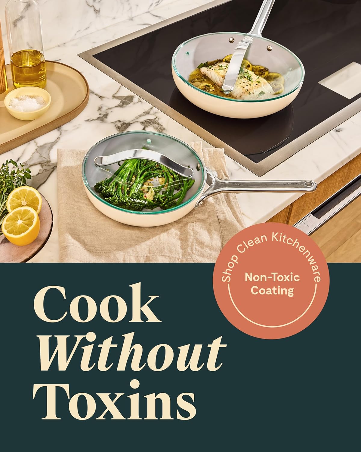 Caraway Nonstick Ceramic Frying Pan With Glass Lid (2.7 qt, 10.5") - Non Toxic, PTFE & PFOA Free - Oven Safe & Compatible with All Stovetops (Gas, Electric & Induction) - White