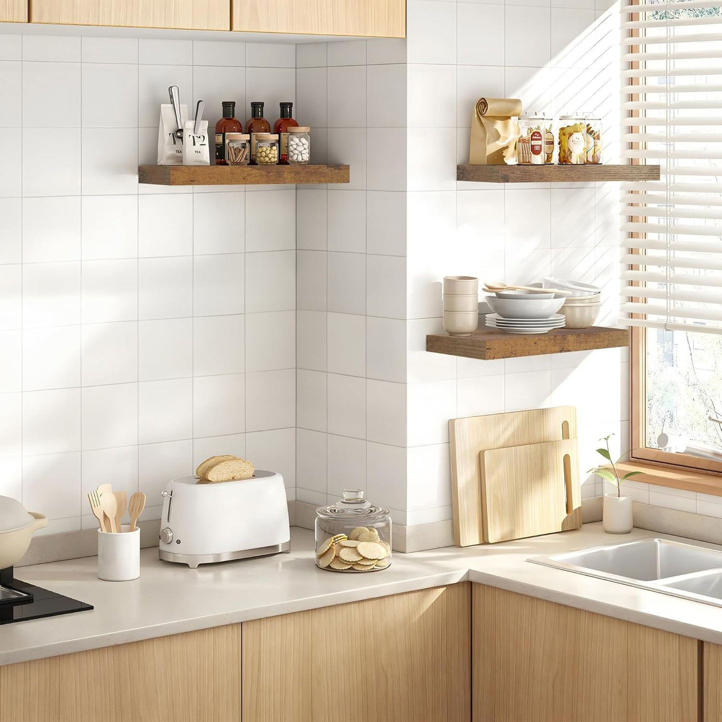 Colima Floating Shelves for Bedroom, Bathroom, Living Room, Kitchen, Office - 15 Inch Wall Mounted, Set of 3 - 1.3" Thick Brown Wood Floating Book Shelves