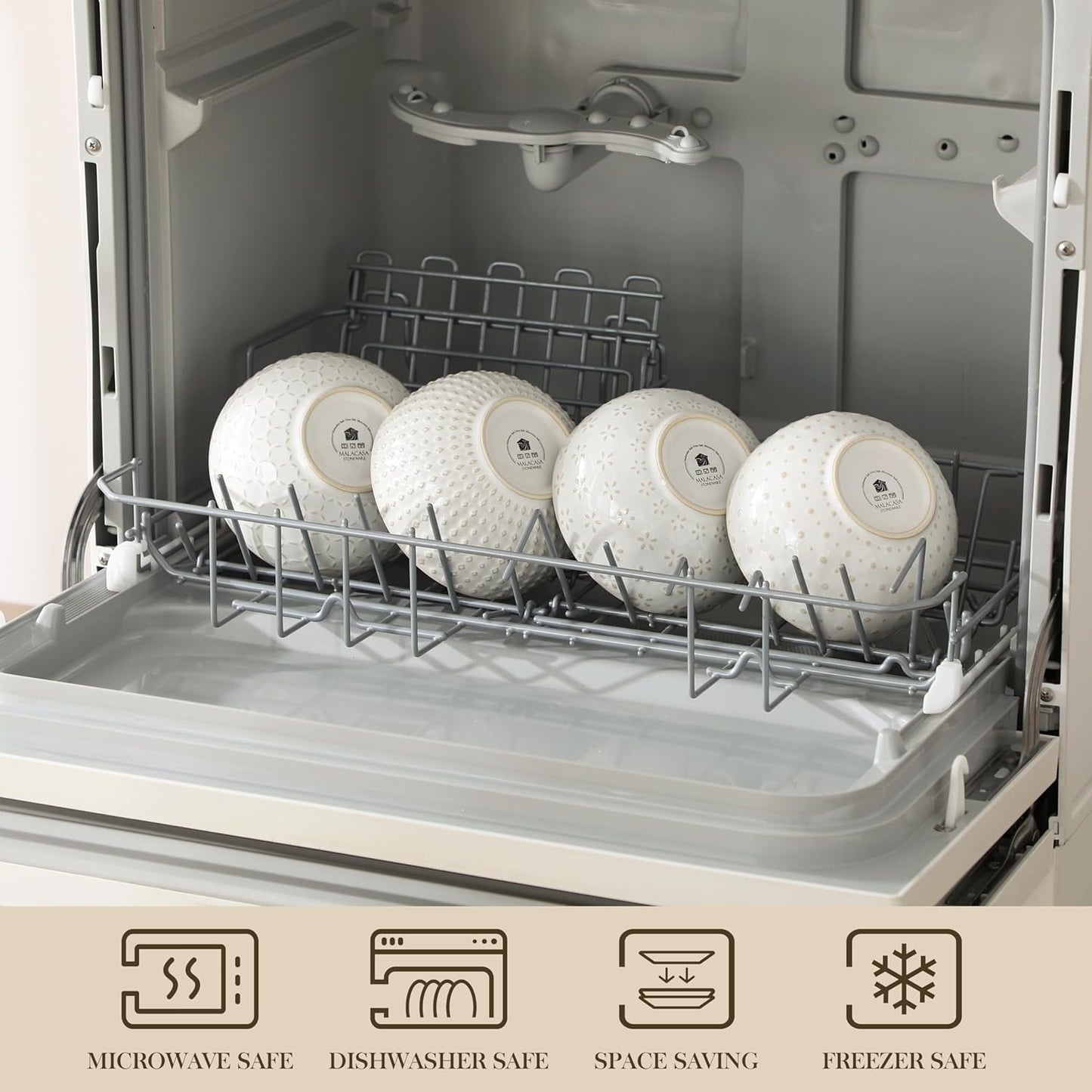 MALACASA Small Bowls, 14 Ounce Ice Cream Bowl, Stoneware Dessert Bowls Set of 4 with Embossment for Snack, Chip, Fruits, Side Dishes - 4.5 Inch, Arctic White Series LYDIA