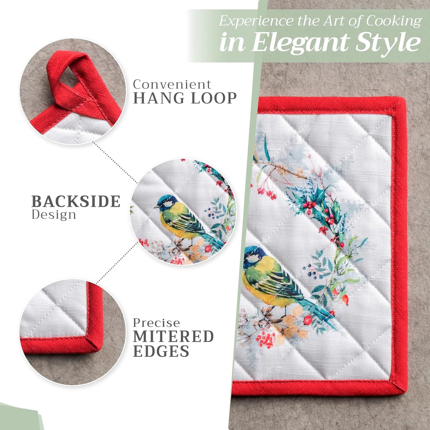 Maison d' Hermine Pot Holders 100% Cotton Heat Resistant Potholders 8" x 8" Hot Pads with Loop BBQ, Cooking, Baking, Grilling, Kitchen, Handling Hot Pans (Pack of 1, Morzine)