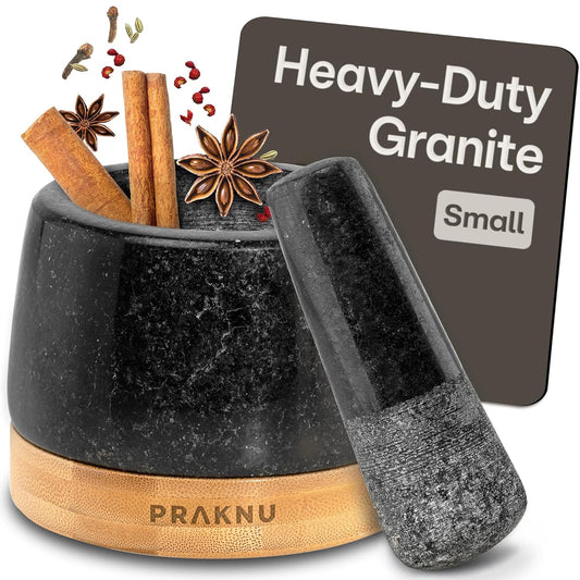 Mortar and Pestle Set Small - Heavy-Duty 1 Cup Stone Grinder for Spices, Herbs & Guacamole - Durable Granite - Non-Slip Wooden Base - Effortless Grinding & Easy to Clean