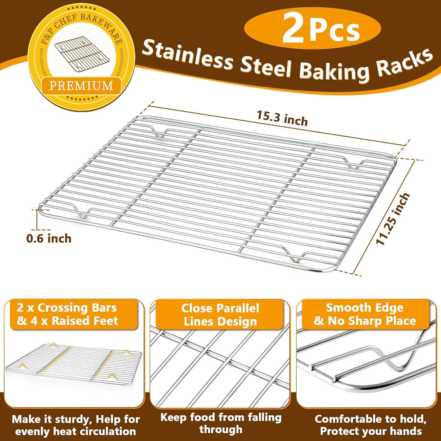 P&P CHEF 16 Inch Stainless Steel Baking Sheet with Rack Set (2 Pans+ 2 Racks), Cookie Sheets Baking Trays and Cooling Wire Racks, Oven & Dishwasher Safe, Pans with Flat Racks
