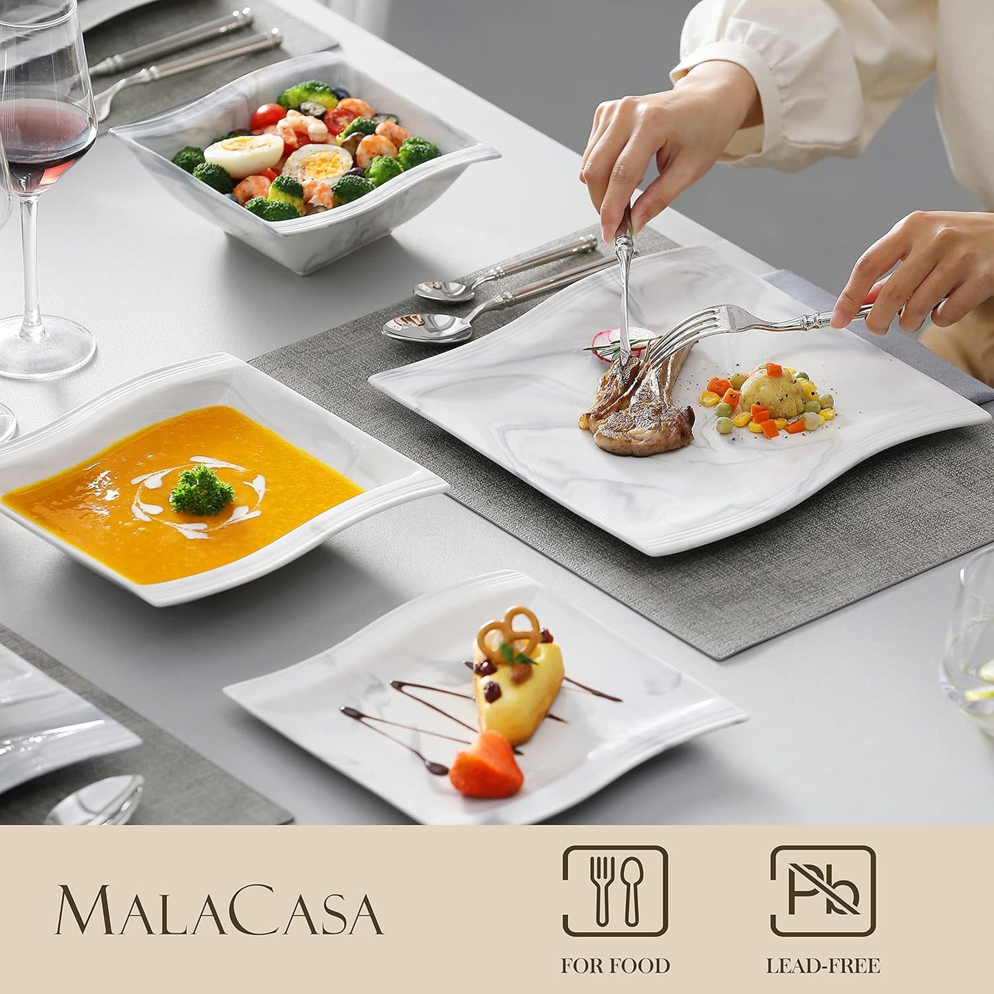 MALACASA Plates and Bowls Sets, 30 Piece Porcelain Dinnerware Sets for 6, Square Dinnerware Set with Dinner Plate, Dessert Plate, Soup Plate, Cup and Saucer, Modern Dish Set, Marble Grey, Series Flora
