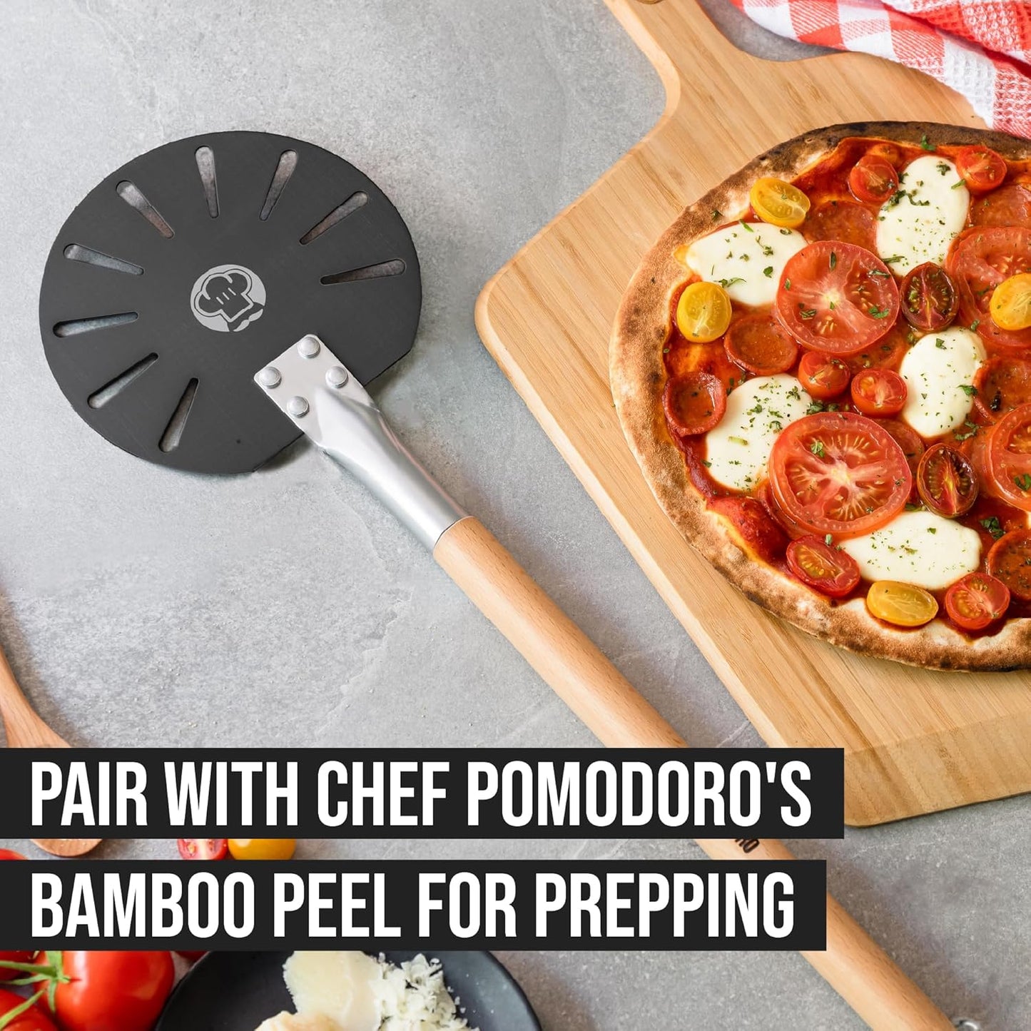Chef Pomodoro Pizza Turning Peel Aluminium with Wood Handle for Easy Storage, Perforated Pizza Peel Turner, Gourmet Luxury Pizza Paddle for Baking Homemade Pizza Bread, Pizza Turner (7-Inch)