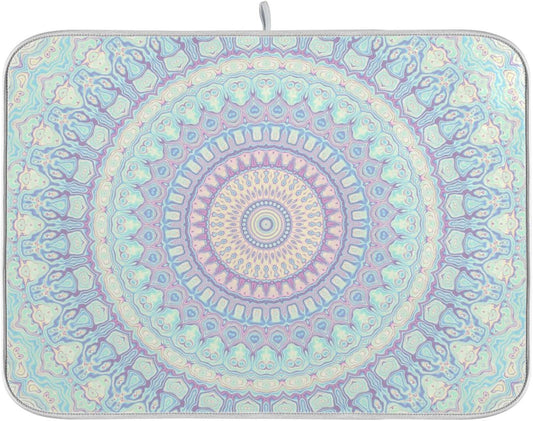 Mandala Bohemian Dish Drying Mat for Kitchen Counter Boho Ethnic Absorbent Microfiber Drying Pad, Large 18x24 in, Reversible Drainer Mats