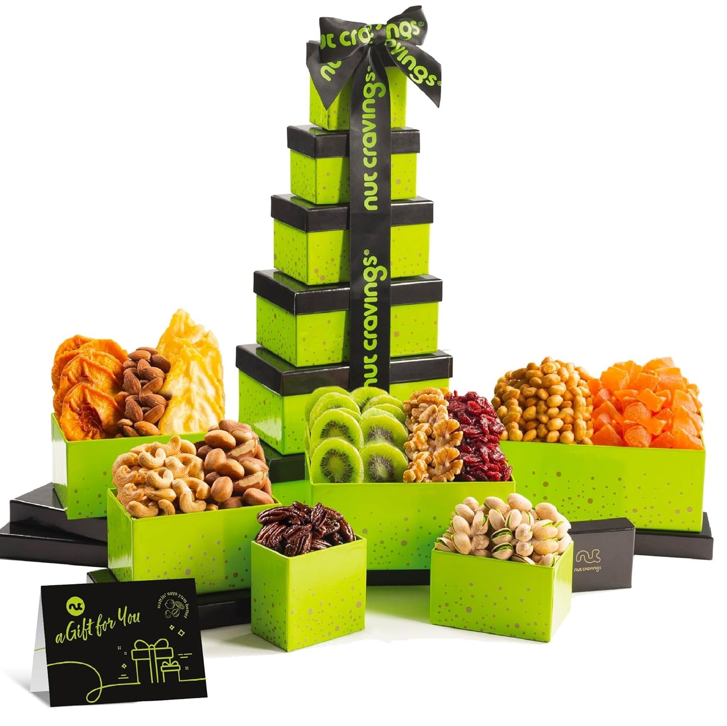 NUT CRAVINGS - Dried Fruit & Mixed Nuts Gift Basket Green Tower + Ribbon (12 Assortments) Food Arrangement, Healthy Snack Care Package, Food Assortments