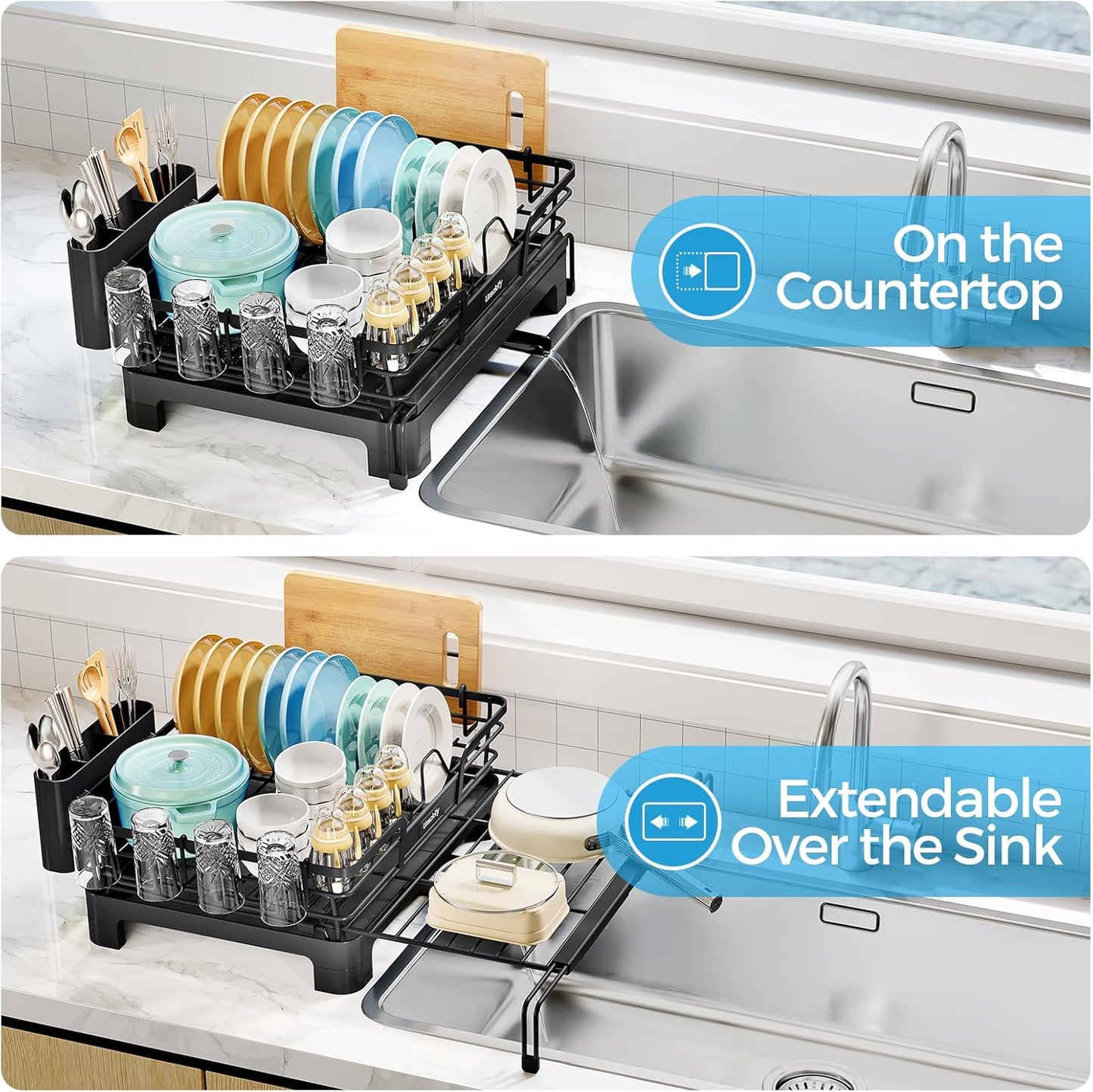 Extendable Dish Drying Rack, 2 in 1 Multifunction Dish Rack for Kitchen Counter, Expandable Dish Drainer Over Sink, Large Plate Strainer with Drainboard & Cups Holder