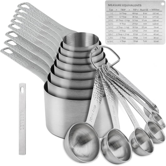 Measuring Cups and Spoons Set 19, Metric & US 18/8 Stainless Steel Measuring Cups and Spoons Set for Kitchen and Baking, Dry & Liquid Metal Measure Cup Spoon with Measure Equivalents