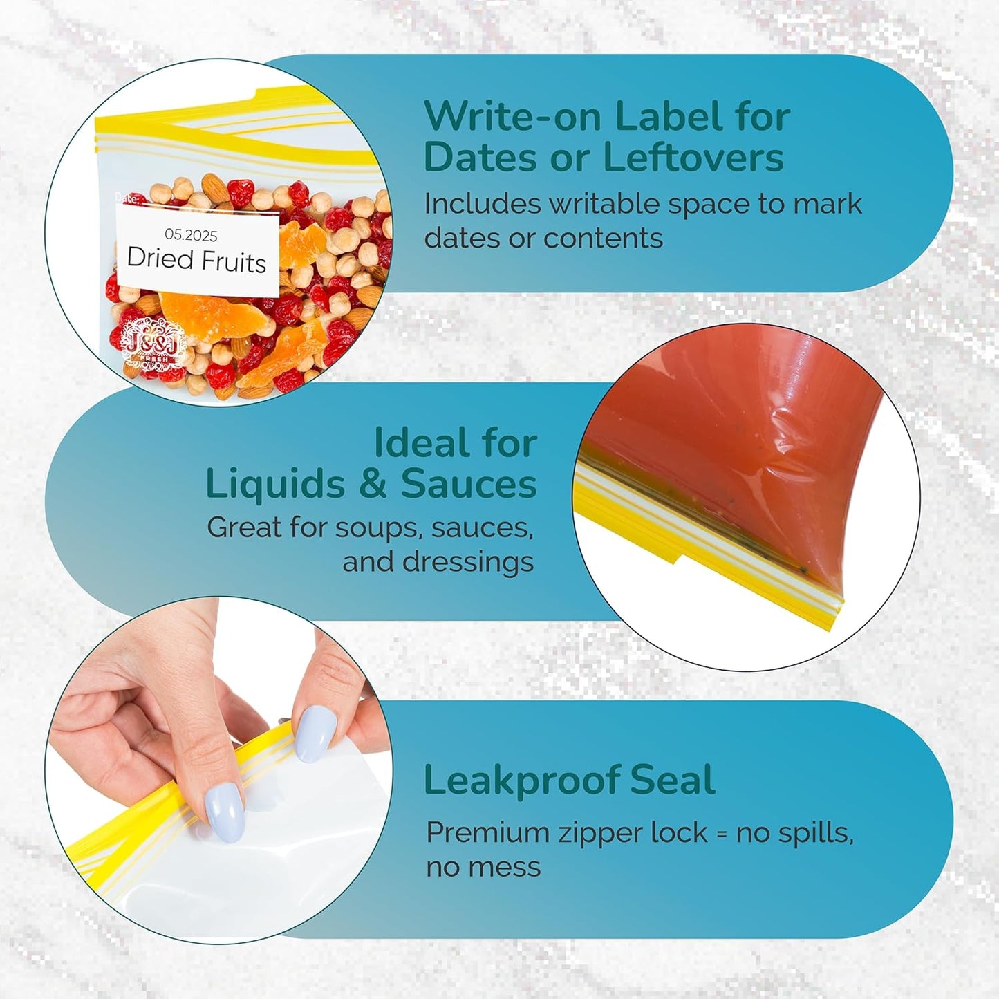 J&&J Fresh Storage Snack Bags, 50 Pack — Reusable Snack Bags, BPA-Free, Leakproof — Expandable Bottom, Microwave-Safe, Strong Zipper Lock Seal — Snack Bag for Freezer & Fridge — Durable & Washable