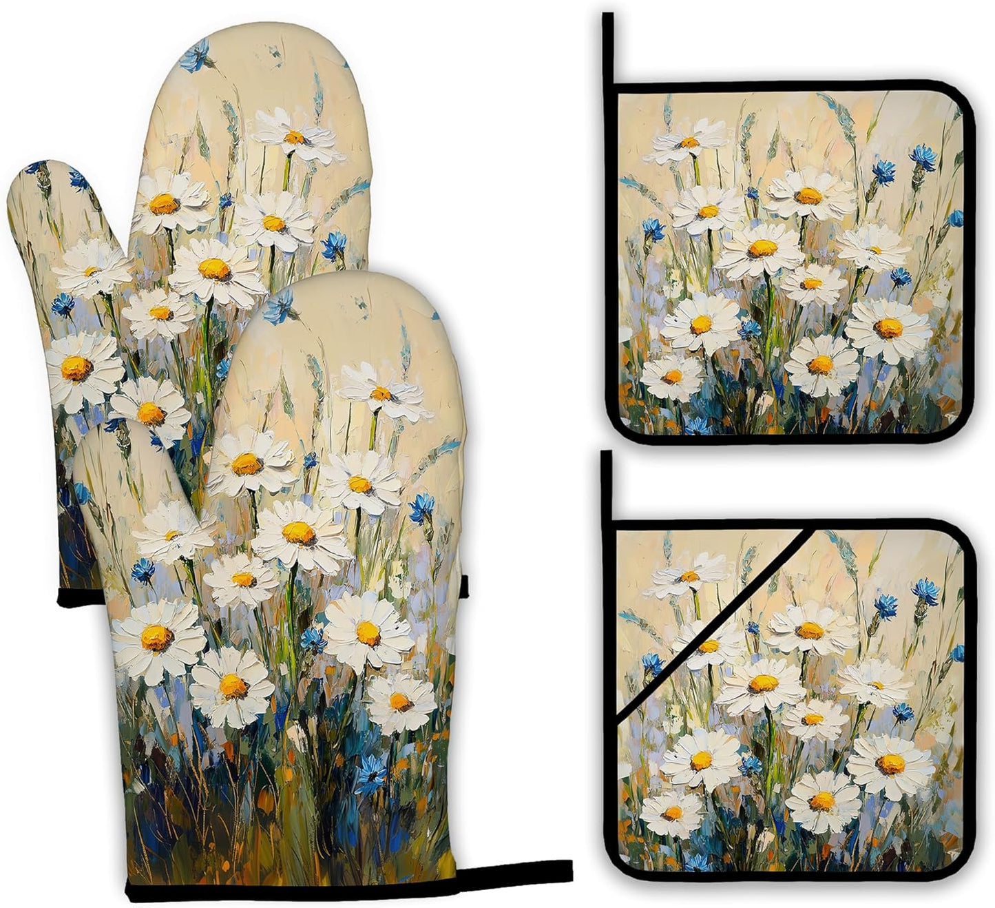 Vintage Daisy Flower Oven Mitts and Pot Holders,Heat Resistant Oven Mitts Gloves and Pot Holder for Home Kitchen Decorations Cooking Baking BBQ Gifts,Set of 4